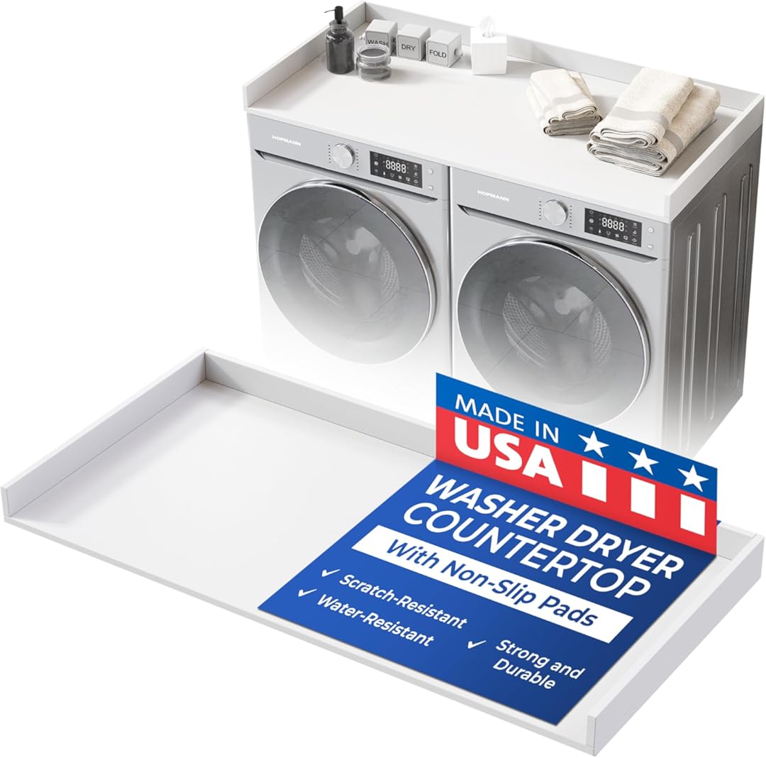 OfficeSimpli Washer Dryer Countertop, Made in USA, Non-Slip Pads, Easy Clean, Laundry Room Essentials and Decor, Washer Dryer Wood Top for Organization (Glacier White, Standard (27.5
