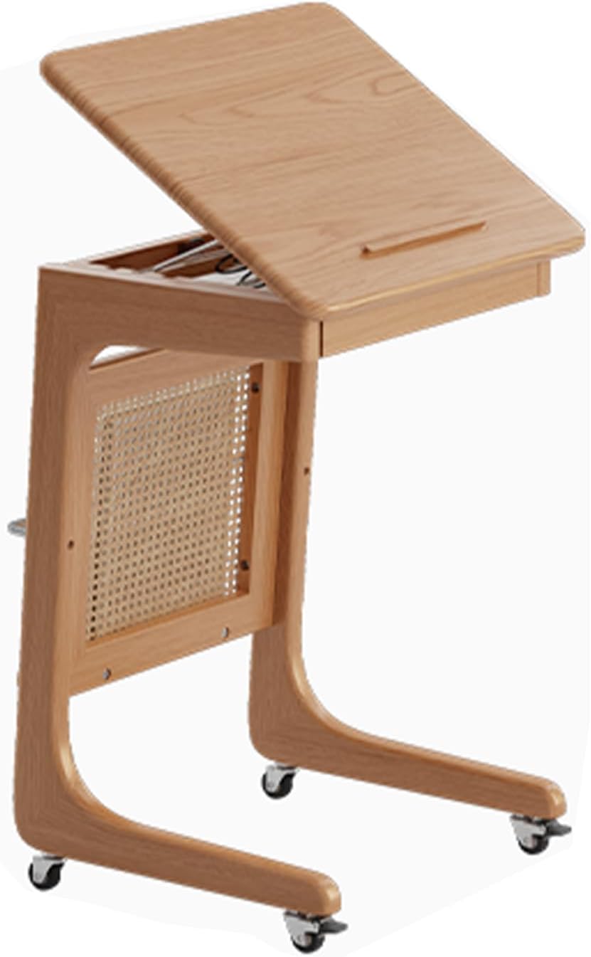 Wooden Robot Vacuum Cabinet with Wheels, Vintage Storage Cabinet for Vacuum with Decorative Rattan, Multipurpose Side Table for Living Room & Bedroom, 18.9/23.6