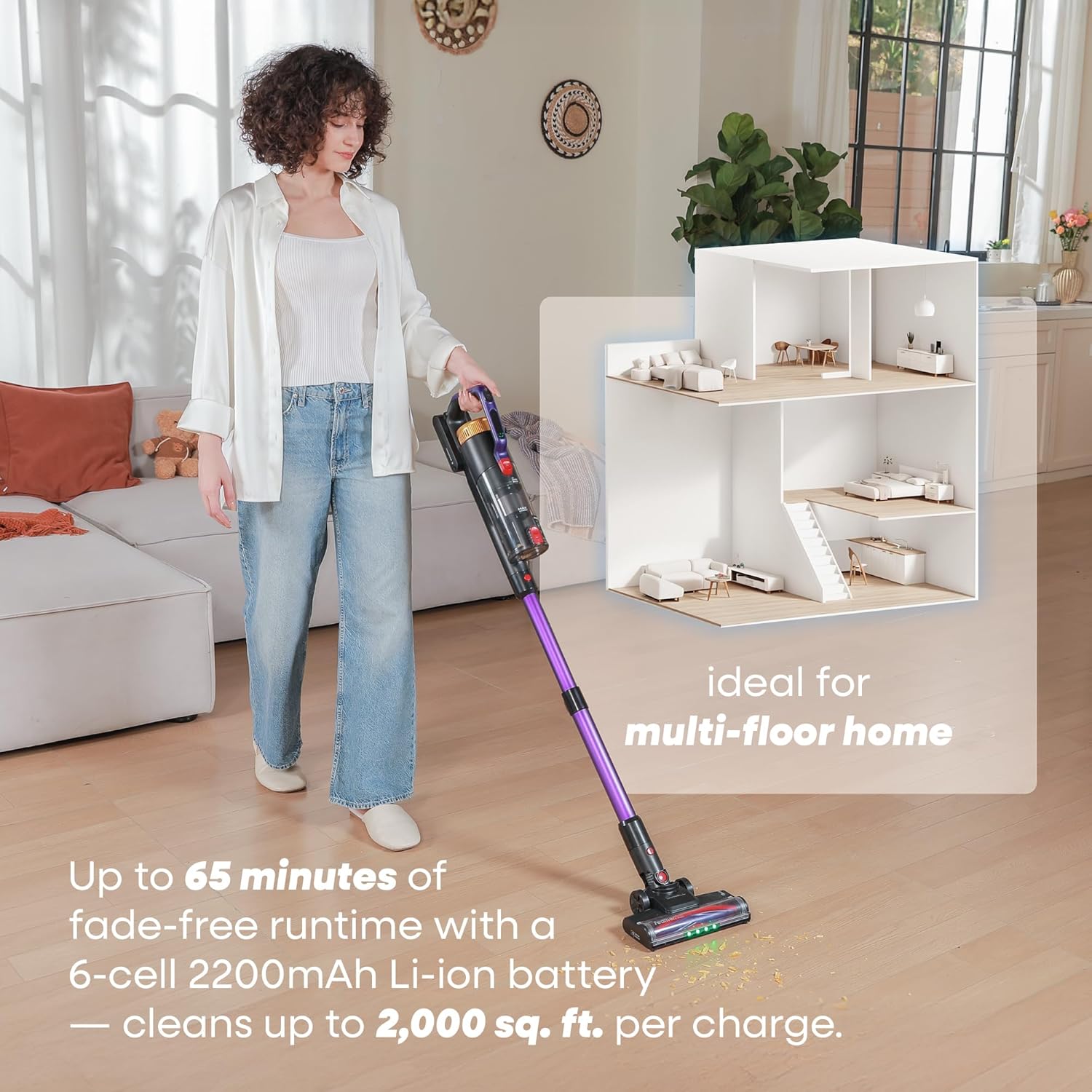 UNINELL HOME UV2 Cordless Vacuum Cleaner, 48000Pa/550W Vacuum Cleaners for Home, Lightweight Stick Vacuum with 65Mins Runtime, Self-Standing&Wall Mount Charging, Tangle-Resistant Vacuum for Pet Hair