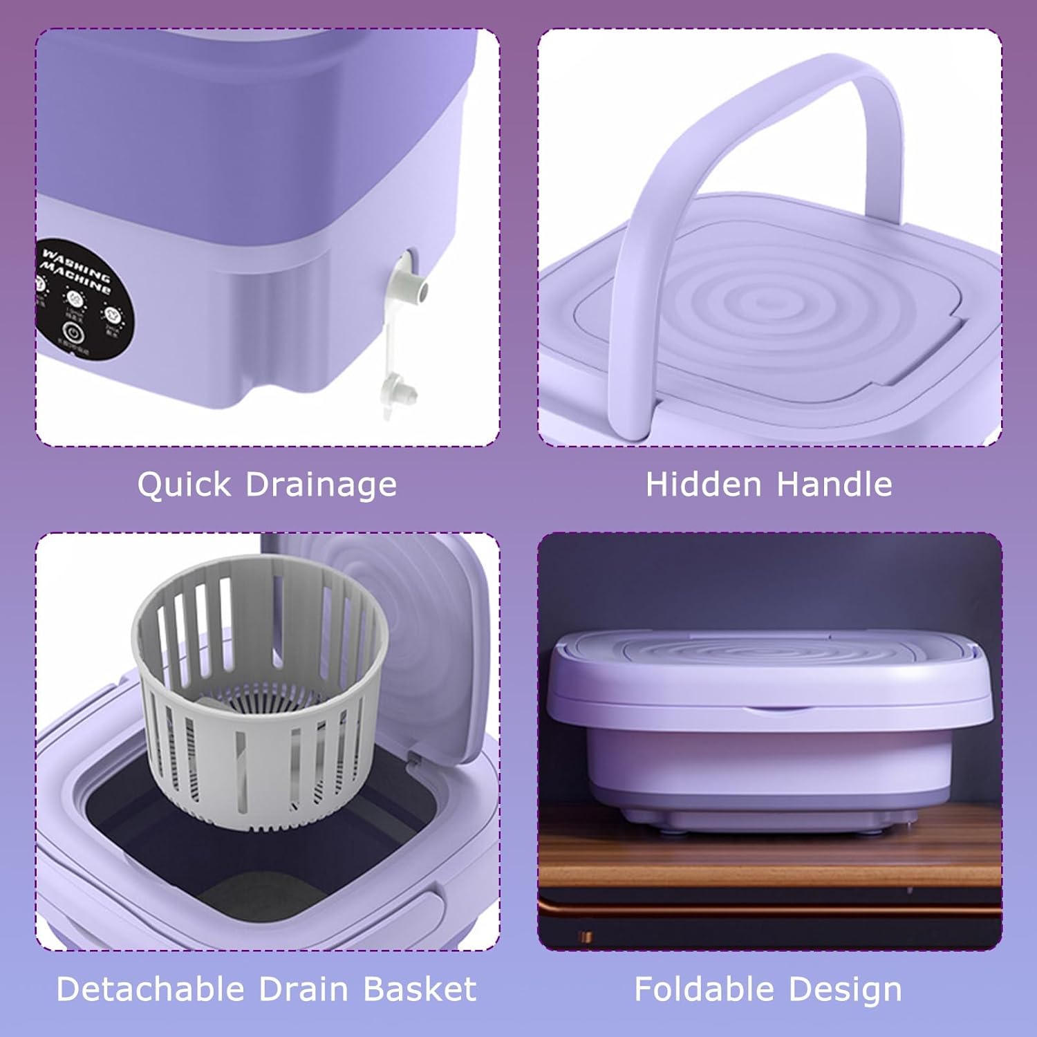 Portable Washing Machine, Foldable Mini Washing Machine with 3 Modes Deep Cleaning of Underwear, Small Clothes and Socks, Small Collapsible Laundry Washer for Apartments, Camping, Travel (Purple)