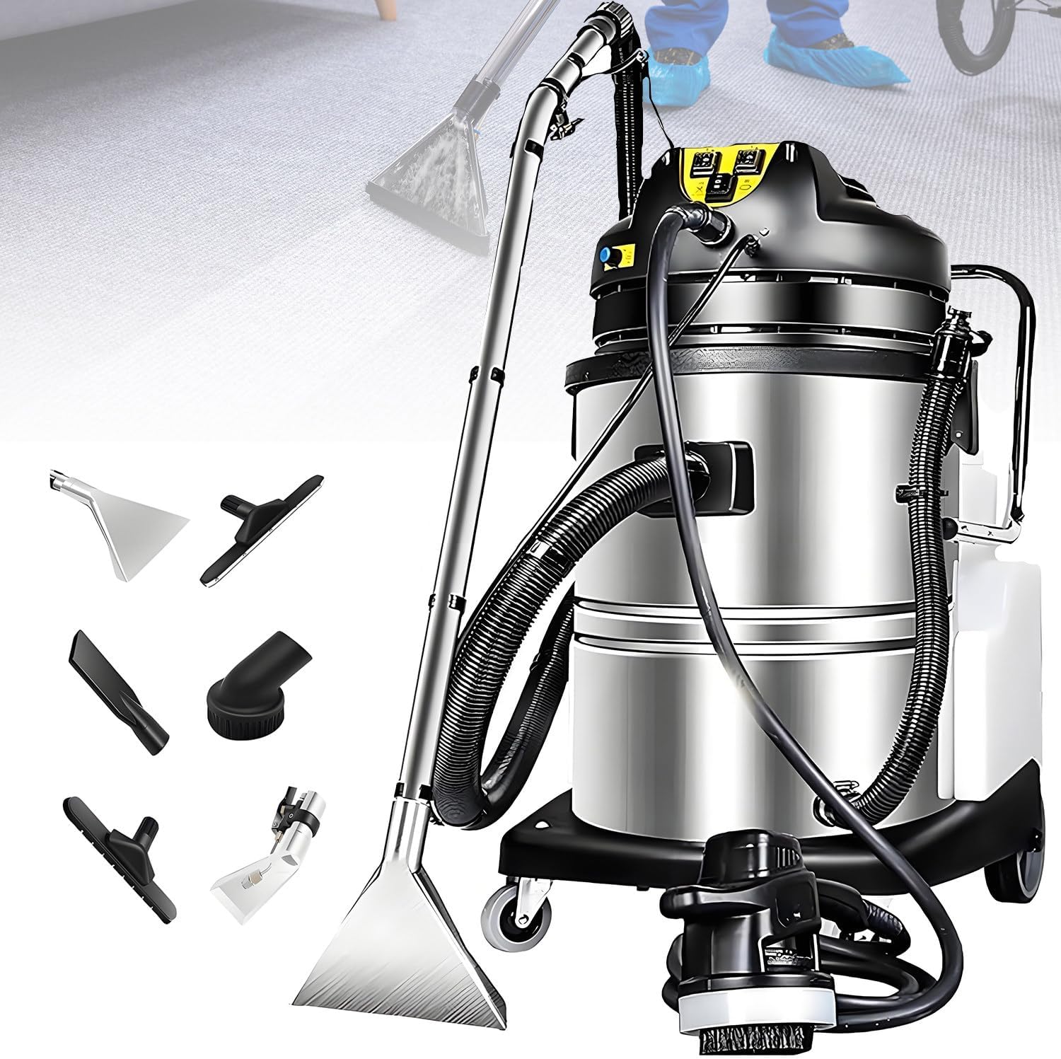 Carpet Cleaner Machine Deep Cleaner, Commercial Carpet Cleaning Machine with Water Vacuuming Head&Round Brush, Portable Wet Dry Curtain Fabric Dust Cleaner for Hotels, Guest Houses 60L