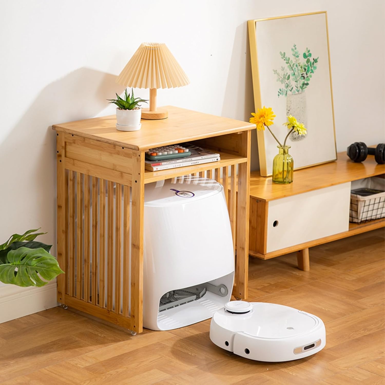 Robot Vacuum Storage Cabinet with Wheels, Hidden Cabinet for Sweeping Robots, Side Table for Living Room Kitchen Office, Portable Robot Night Stand(Yellow,55.5 * 46.4 * 75cm)