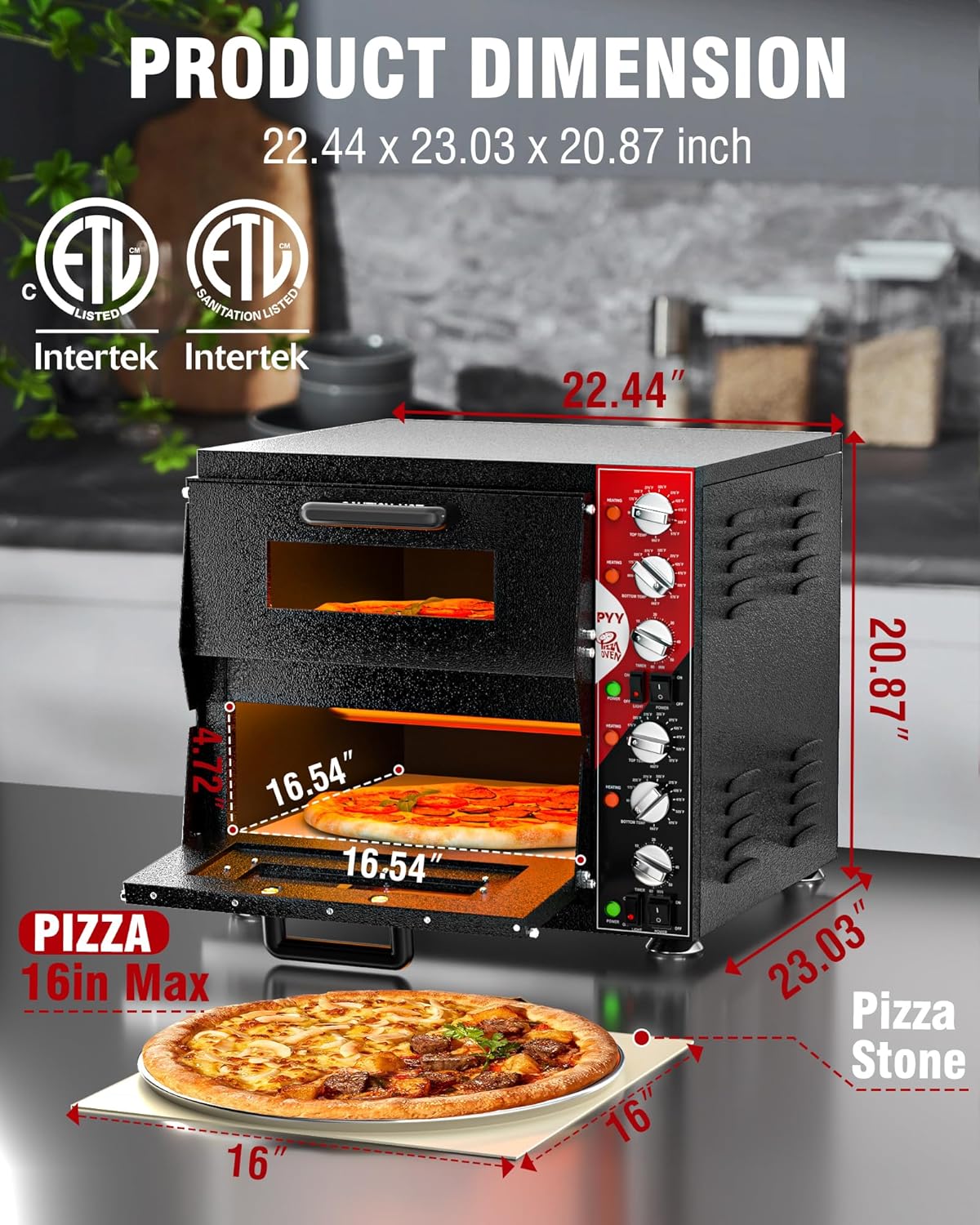 PYY Indoor 16in Pizza Oven - Double Decker Electric Pizza Ovens Countertop with Pizza Stone, 60-Min Ring Timer, for Home and Restaurant Commercial, 3200W, ETL Listed,Black