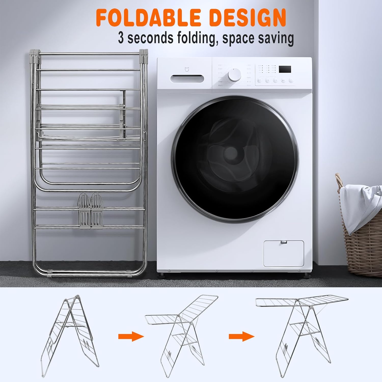 Clothes Drying Rack Foldable -Height Adjustable Laundry Drying Rack Large Space, Winged Laundry Rack with Sock Clips for Hanging Towels Clothes Dress Bedding Indoor Outdoor, Gray