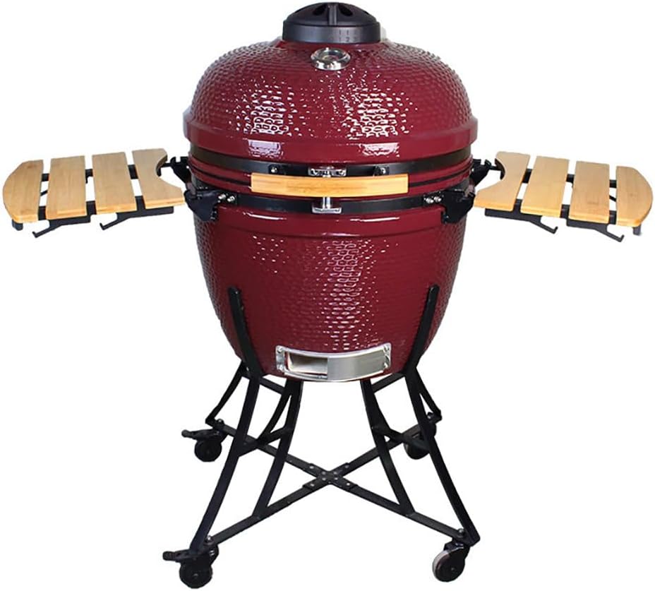 Ceramic Charcoal Grill, Camping Grill with Thermometer, Lid, Spinner Wheels, Portable Grill, Barbecue and Smoker, Large Balcony Grill, Fuchsia