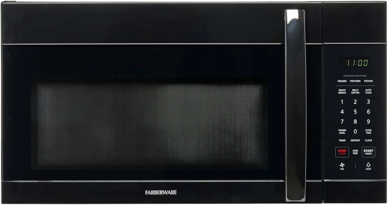 Farberware 1.7 Cu. Ft. Over-the-Range Microwave Oven – 1000 Watts Power, Auto Cook Settings, Defrost, Easy Clean and Child Safety Lock - Black