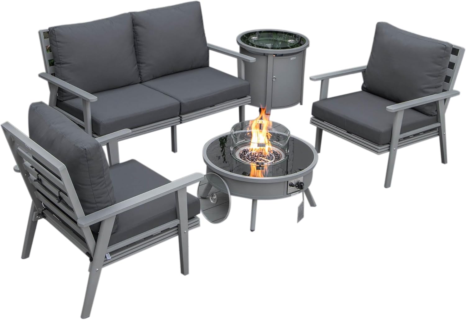 LeisureMod Walbrooke Modern Aluminum 5-Piece Patio Conversation Set with Outdoor Round Firepit Side Table Tank Holder, Charcoal