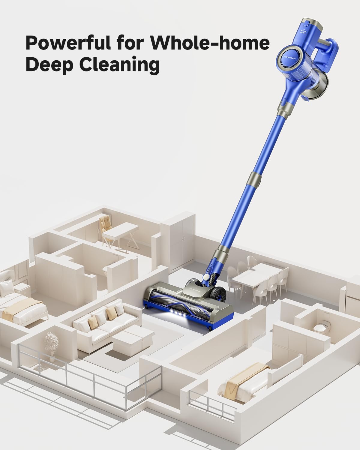 YONNDER Cordless Vacuum Cleaner 40KPA, 6-in-1 Lightweight & Detachable Battery, Powerful Suction for Home, 6-Stage Filtration, Tangle-Free V-Shaped Brush, for Hard Floor/Carpet/Pet Hair