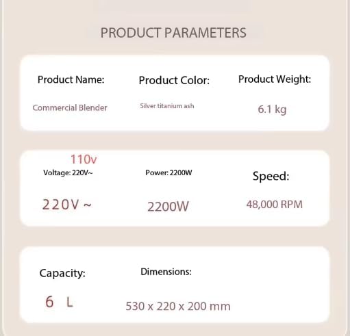 Commercial Blender with 2200W Full Copper Motor, 6L Capacity, 48000 RPM, Silver Titanium Ash, 8-Leaf 3D Alloy Steel Blade