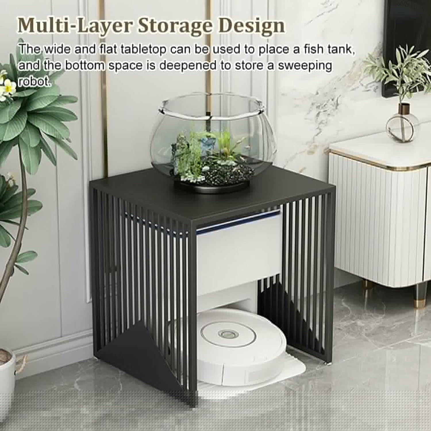Robot Vacuum Hidden Cabinet,Storage Rack Above The Sweeping Robot,Multi-Functional Fish Tank Stand,Metal Household End Side Table for Bedroom Dorm Room