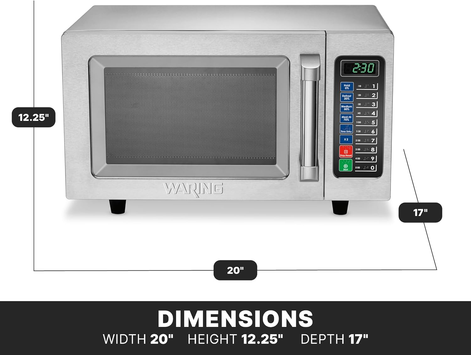 Waring Commercial WMO90 Medium Duty Microwave Oven, 0.9 Cubic Feet, 10 Programmable Memory Settings, 5 Power Levels, Stainless Steel Construction, 120V, 1000W, 5-15 Phase Plug