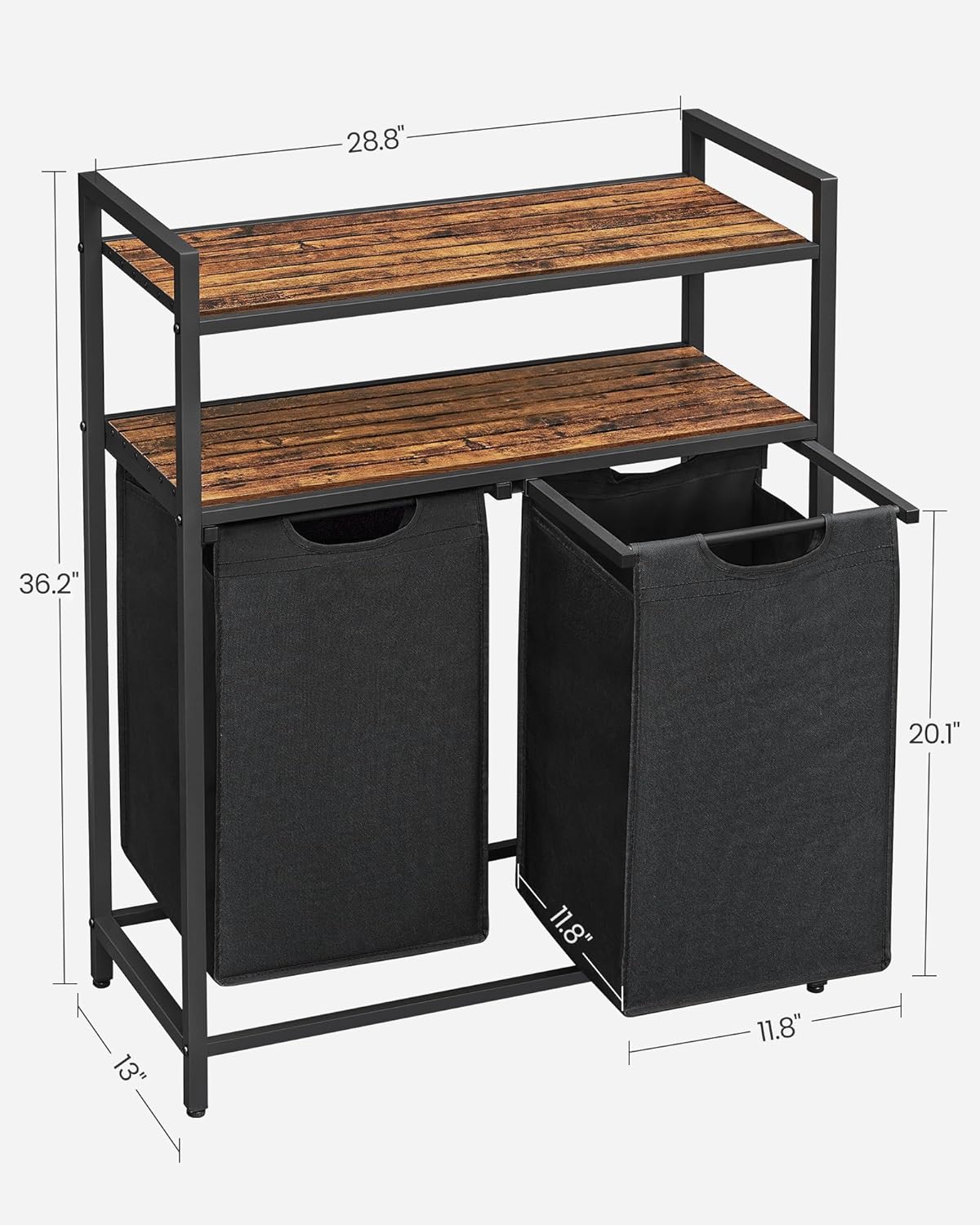 VASAGLE Laundry Hamper, Laundry Basket, Laundry Sorter with 2 Pull-Out and Removable Bags, 2 Shelves, 12.1 Gal (46L) Capacity per Bag, for Laundry Room, Rustic Brown and Black UBLH211B01