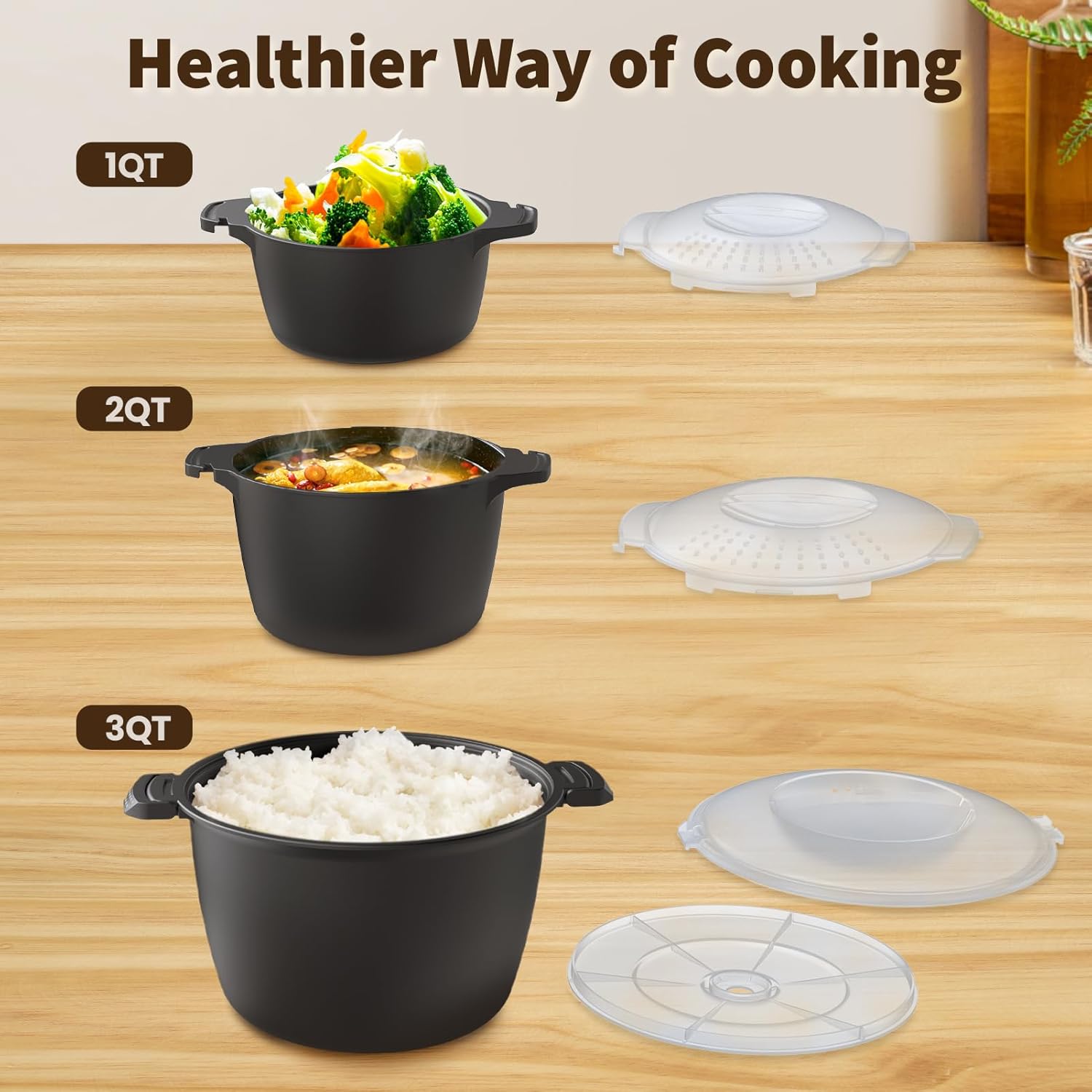 Professional 3 Piece Set Micro Cookware, Microwave Veggie Steamer, Microwave Rice Cooker as Steamer, Mix, Server and Storage Food Bowl BPA Free, Dishwasher Safe, Nestable Storage, Size-1QT, 2QT, 3QT