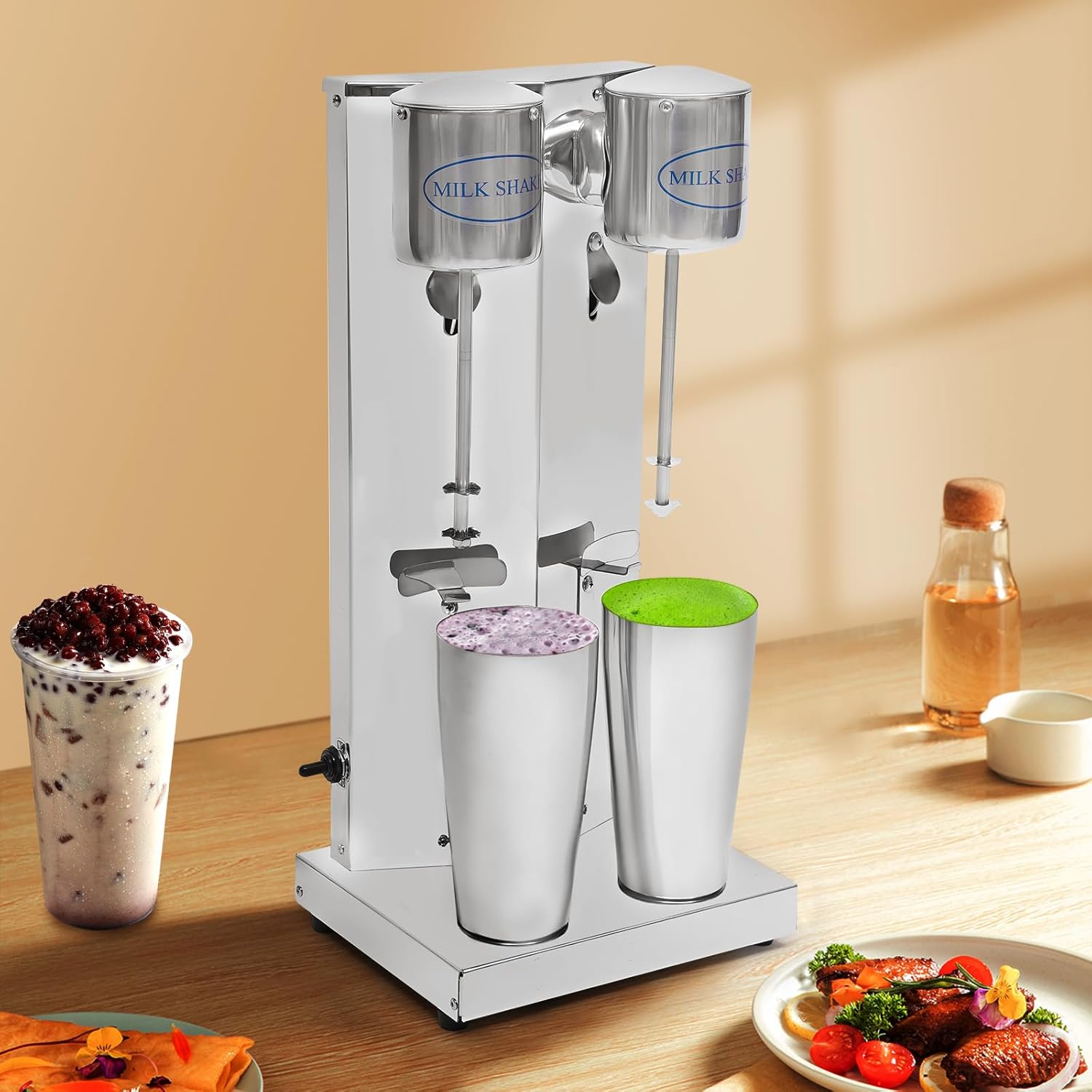 180W Electric Milkshake Maker - Commercial Double Head Stainless Steel Drink Mixer, 16,000 RPM High-Speed Blender for Shakes/Smoothies/Cocktails (110V, Includes 2 Cups)