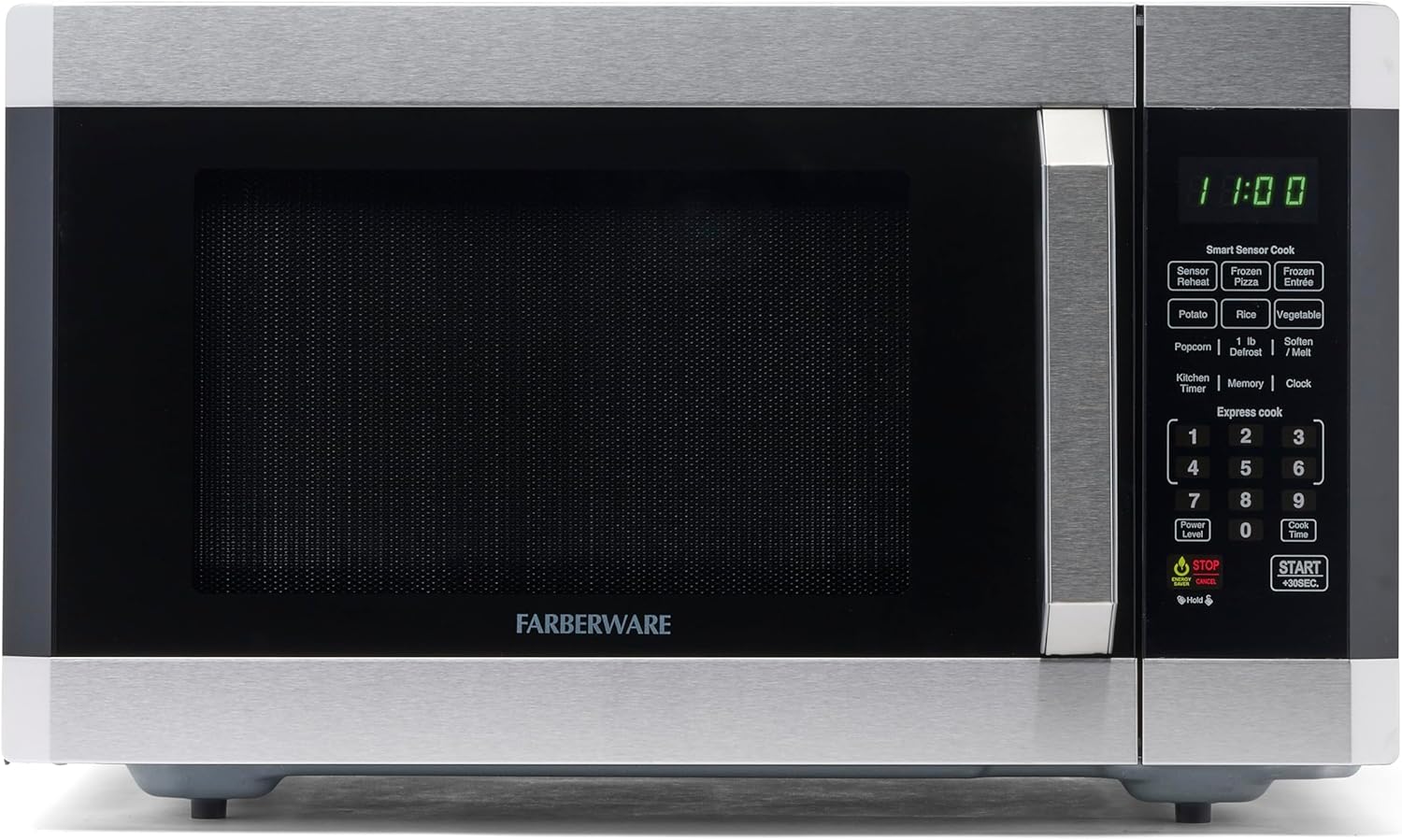 Farberware 1.6 Cu. Ft. Countertop Microwave Oven – 1100 Watts Power, Smart Sensor Auto Cook Settings, Defrost, Easy Clean and Child Safety Lock - Stainless