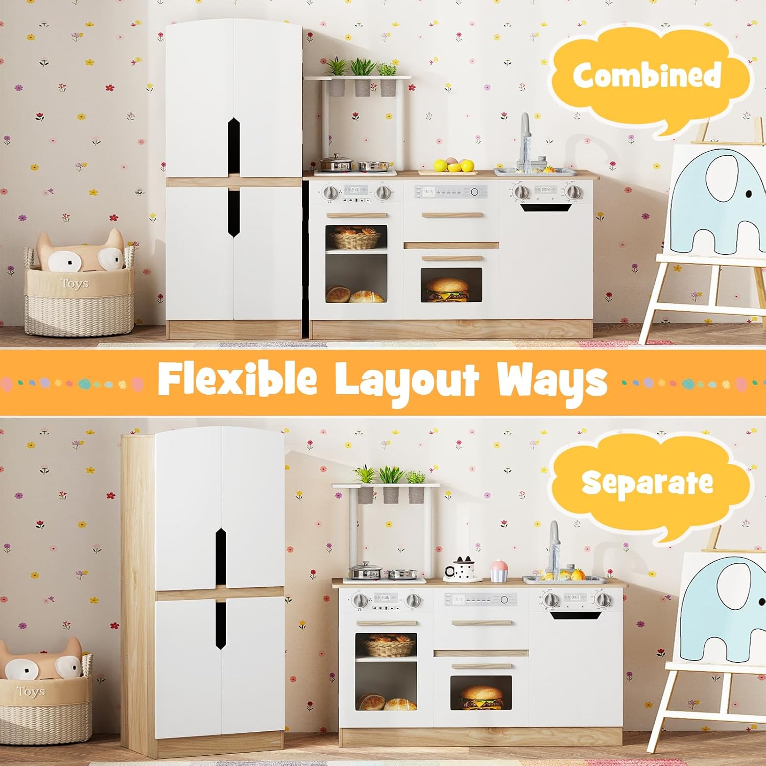 Costzon Kids Kitchen Playset, 2 Piece Wooden Modular Toy Play Set w/Running Water, Sound & Light, Fridge, Dishwasher, Microwave, Oven, Pretend Play Kitchen for Kids Ages 3+ (Natural + White)