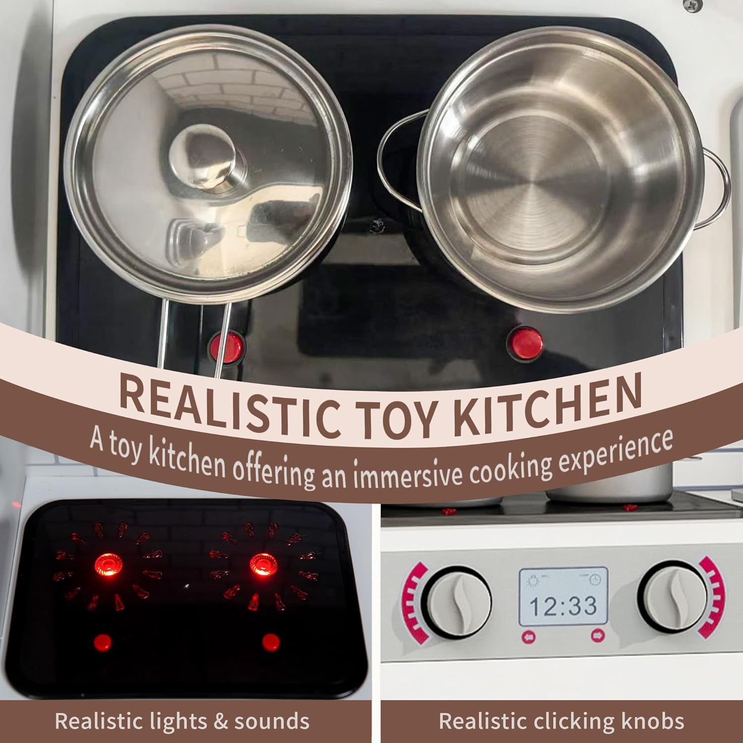 Kids Kitchen Playset with Lights & Sounds, Wooden Play Kitchen with Sink, Washing Machine, Ice Maker & Pretend Play Accessories, Educational Toy Kitchen Set for Toddlers, White