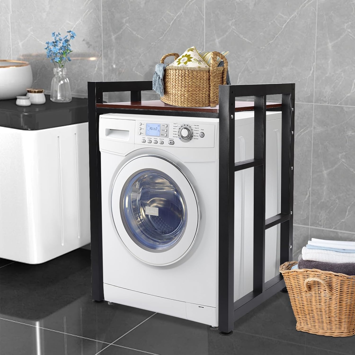 Black & Teak Washer Dryer Rack, Over-Appliance Storage Shelf 2-Tier, Metal Frame Wood Top Organizer for Laundry Room, Bathroom, 27in Wide Gap Cart, Holds Detergent, Towels, Slim Slide-in Unit