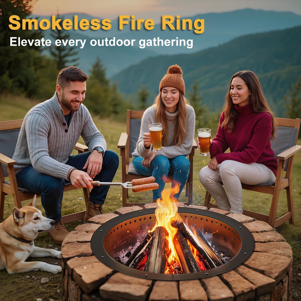FANHAO Outdoor Fire Pit Ring, 36-Inch Outer/30-Inch Inner Fire Ring Smokeless, Wood Burning Fire Pit Ring Duty Solid Metal Steel Liner DIY Campfire Ring Above or In-Ground, Camping Patio Backyard