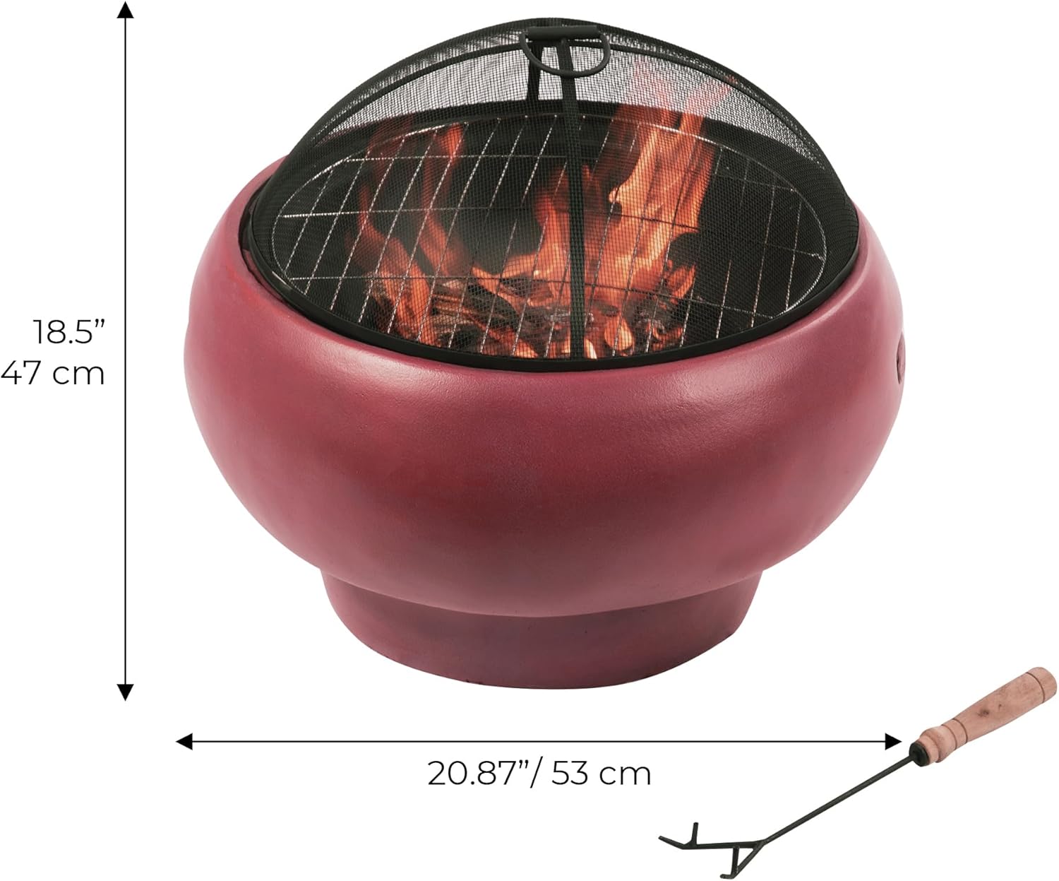 Teamson Home Outdoor 20.07 in. Round Wood-Burning Fire Pit with Faux Concrete Base, Spark Screen, Stainless Steel Grill Grate, Removable Fire Bowl and Poker, Maroon