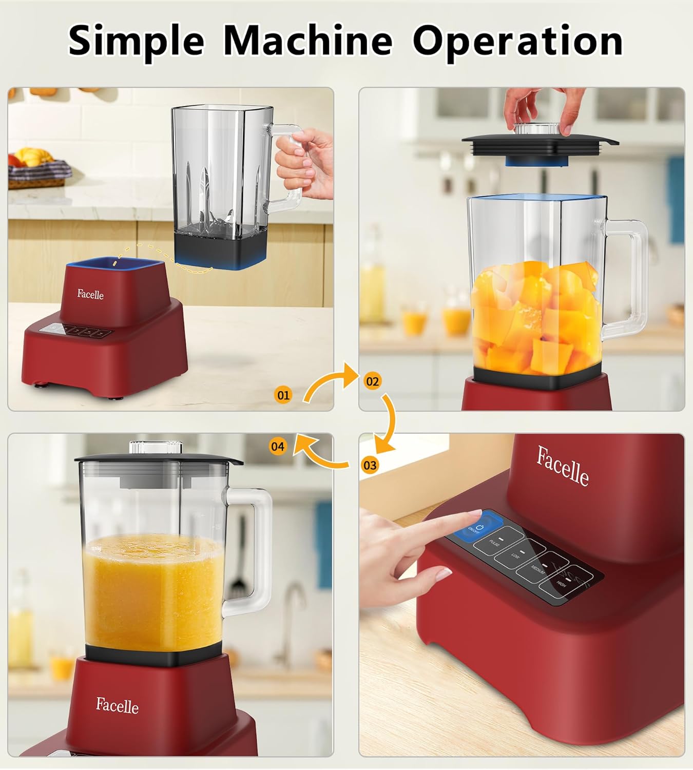 Red Smoothie Blender, Facelle Countertop Blender for Kitchen, 55 oz Glass blender for smoothies and Shakes, Licuadora, Smoothie maker with touchscreen 3+P Speeds, Cleaning brush ＆ removable SS blade