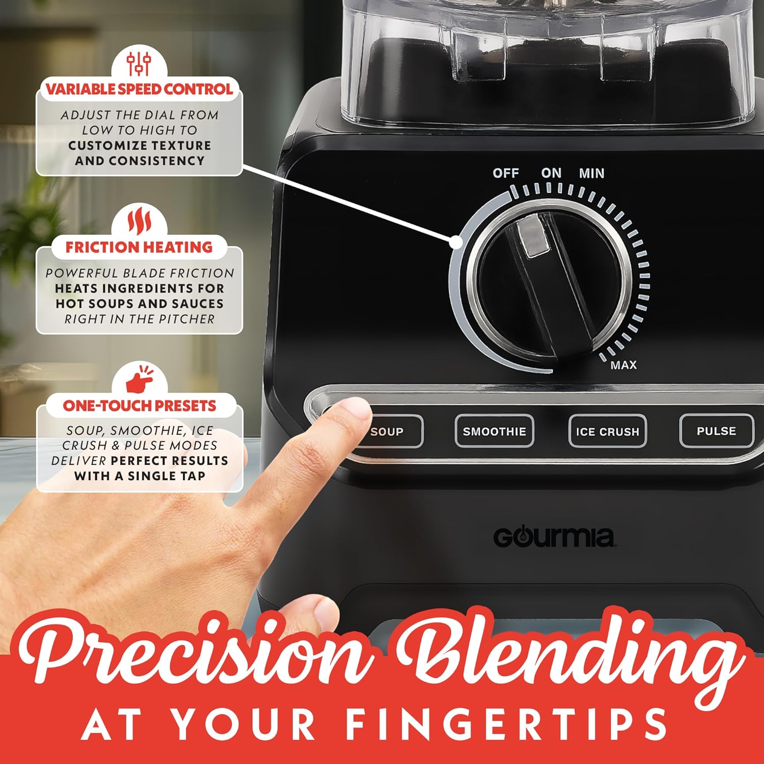 Gourmia Countertop Commercial Blender – 2L BPA-Free Pitcher, 4 Presets, 1500W High-Speed Motor, 45,000 RPM, Variable Speed Dial, Built-In Tamper, Dishwasher-Safe Parts, Black