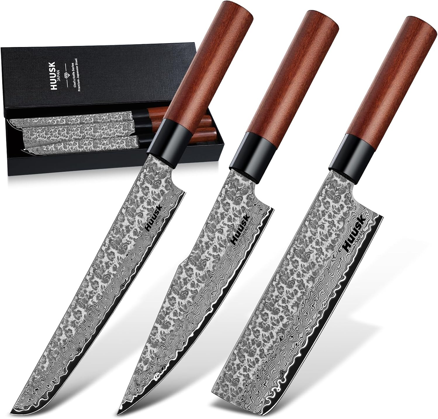 Huusk Japanese Kitchen Knife Set - 3pcs Hand Forged VG10 Damascus Meat Cleaver Boning Knife for Meat Cutting, Nakiri Vegetable Knives, Gyuto Chef Knives Set for Cooking, Kitchen Gifts for Men