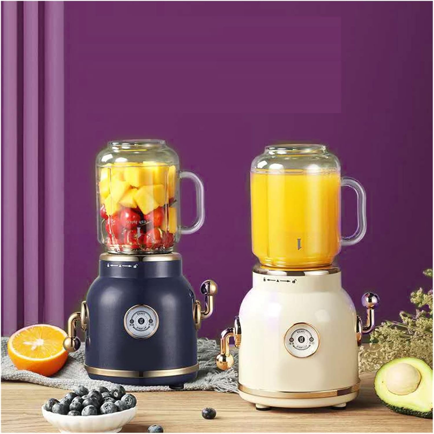 Retro Blender Household Semi-Automatic Juicer Portable Cup Body Cooking Machine Juice Chopping Vegetables Minced Meat LP (Color : Sapphire Blue, Size : USA) (Creamy White)