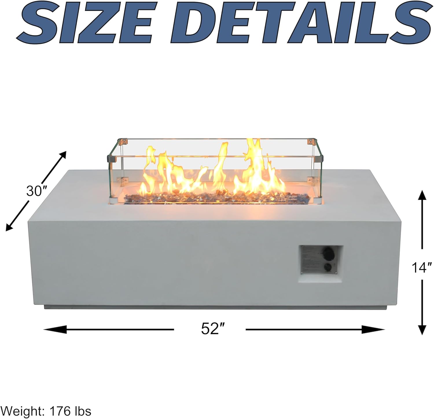 52 Inch Outdoor Concrete Propane Gas Rectangle Fire Pit Table in Antique White Color