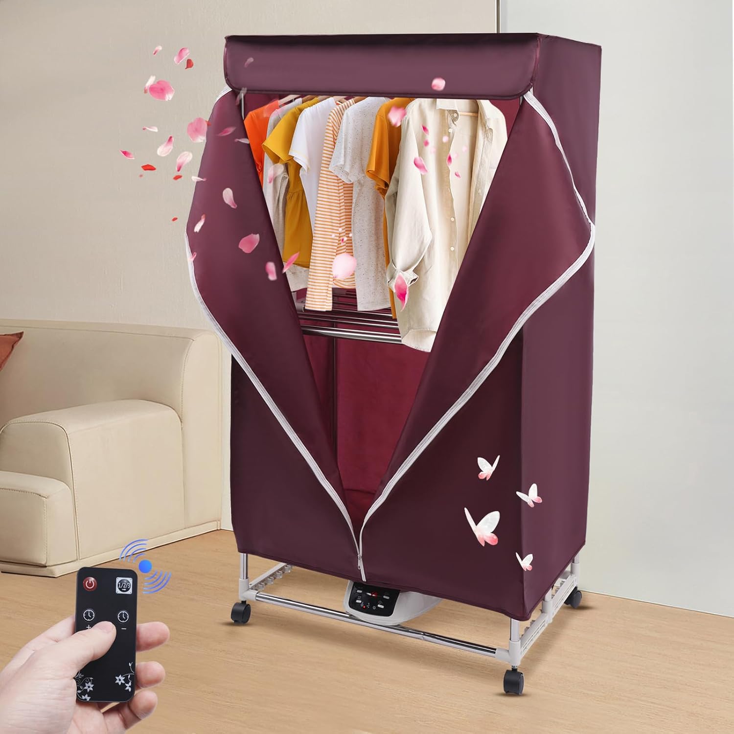 Portable Clothes Dryer, 1500W Power Electri with Timer, Laundry Apartment Dryer 2-Tier Electric Clothes Dryer Machine Stackable Clothes Drying Rack for Travel, Apartments, RV, Home(Wine Red)