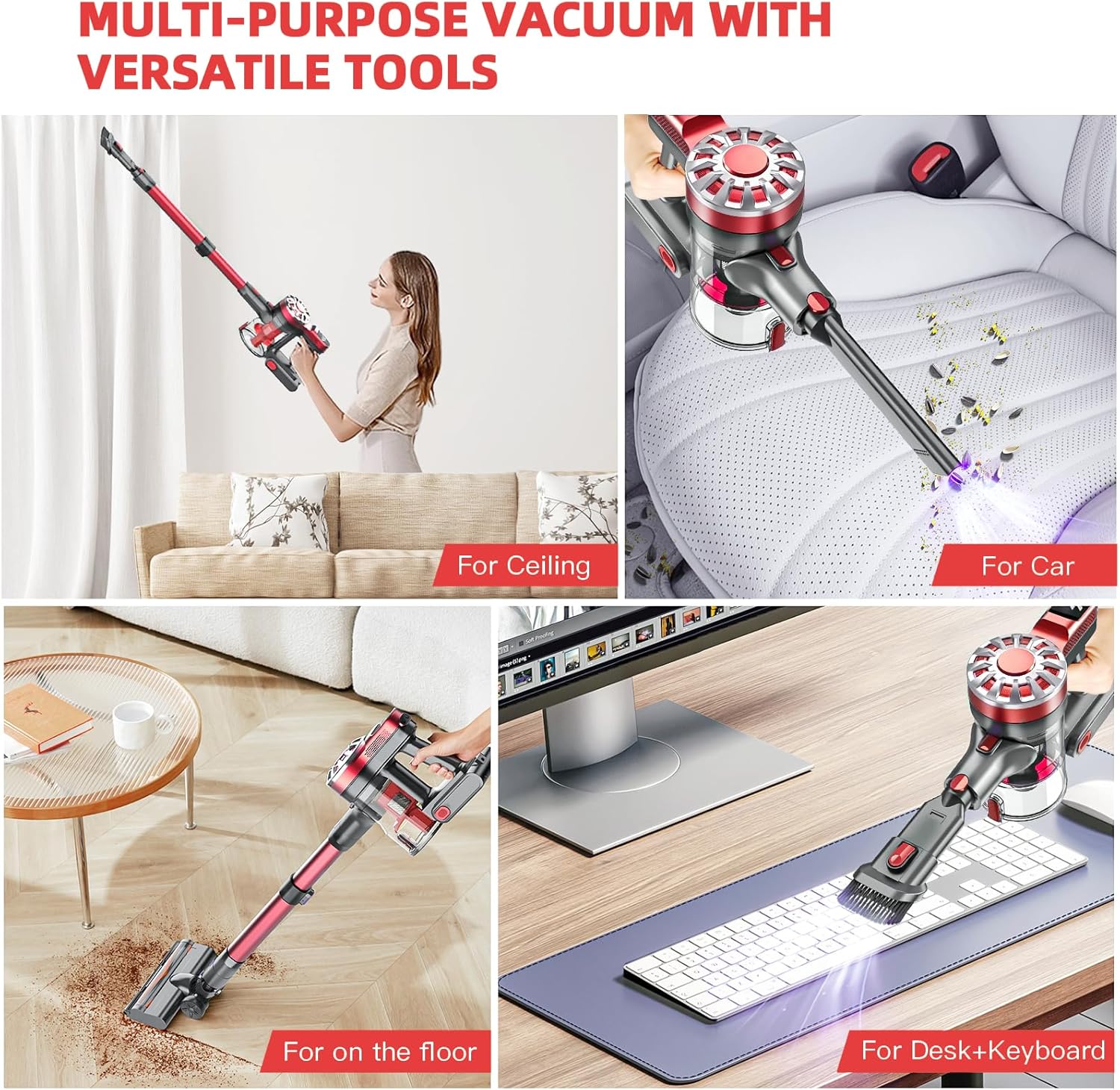 Cordless Vacuum Cleaner for Home, Lightweight Stick Vacuum Cordless Rechargeable with Power Suction, Up to 35 Mins Runtime, Hardwood Floor Vacuum for Pet Hair, Carpets, Tile(Deep Red)