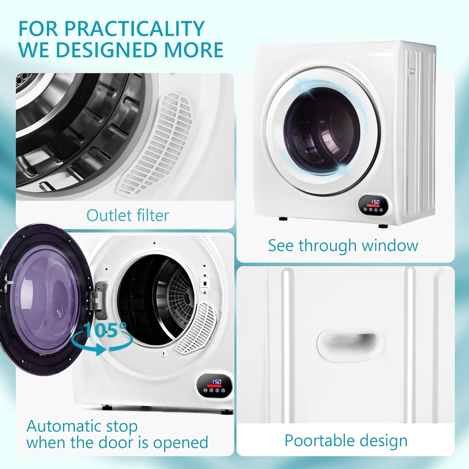 Euhomy Compact Laundry Dryer, 3.5 cu ft Front Load Stainless Steel Clothes Dryers With Exhaust Pipe, 1500W, LCD Control Panel Four-Function Portable Dryer For Apartments, Home, Dorm, White