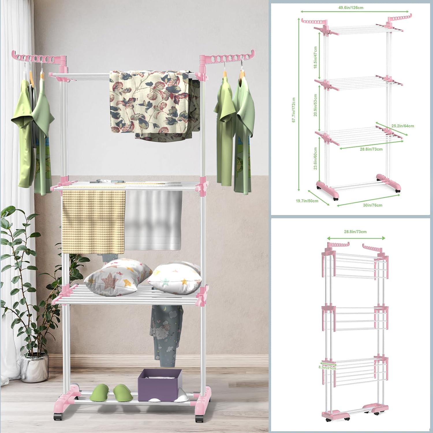 Bigzzia Clothes Drying Rack, Folding Stainless Steel Clothes Horses Rack Indoor Outdoor, 4 Tier Laundry Drying Rack with Two Side Wings (Light Blue, 4 Tie (Bottom fold))