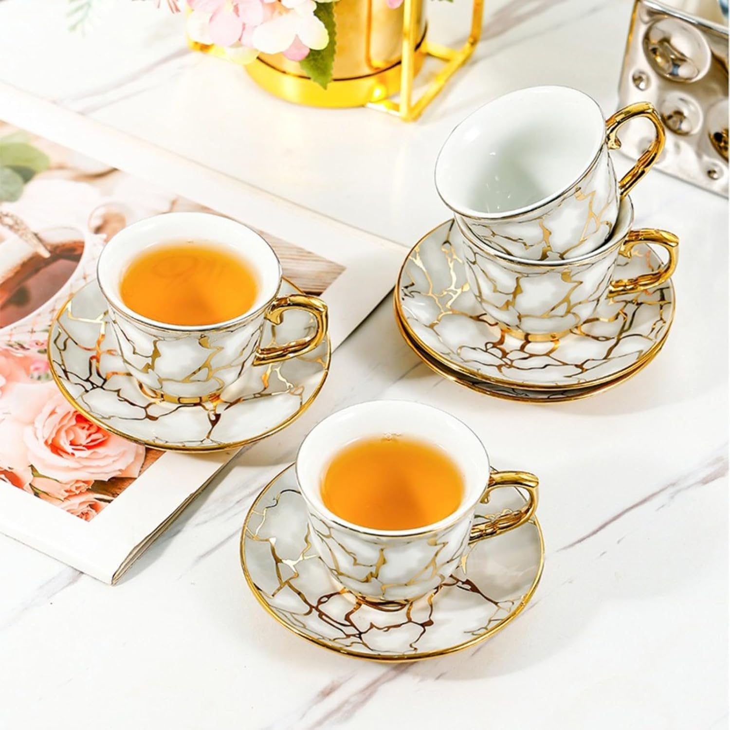 6件套Ceramic coffee cup, plate set, gold edged cup, commercial American exquisite ceramic water cup set, household cup, coffee cup