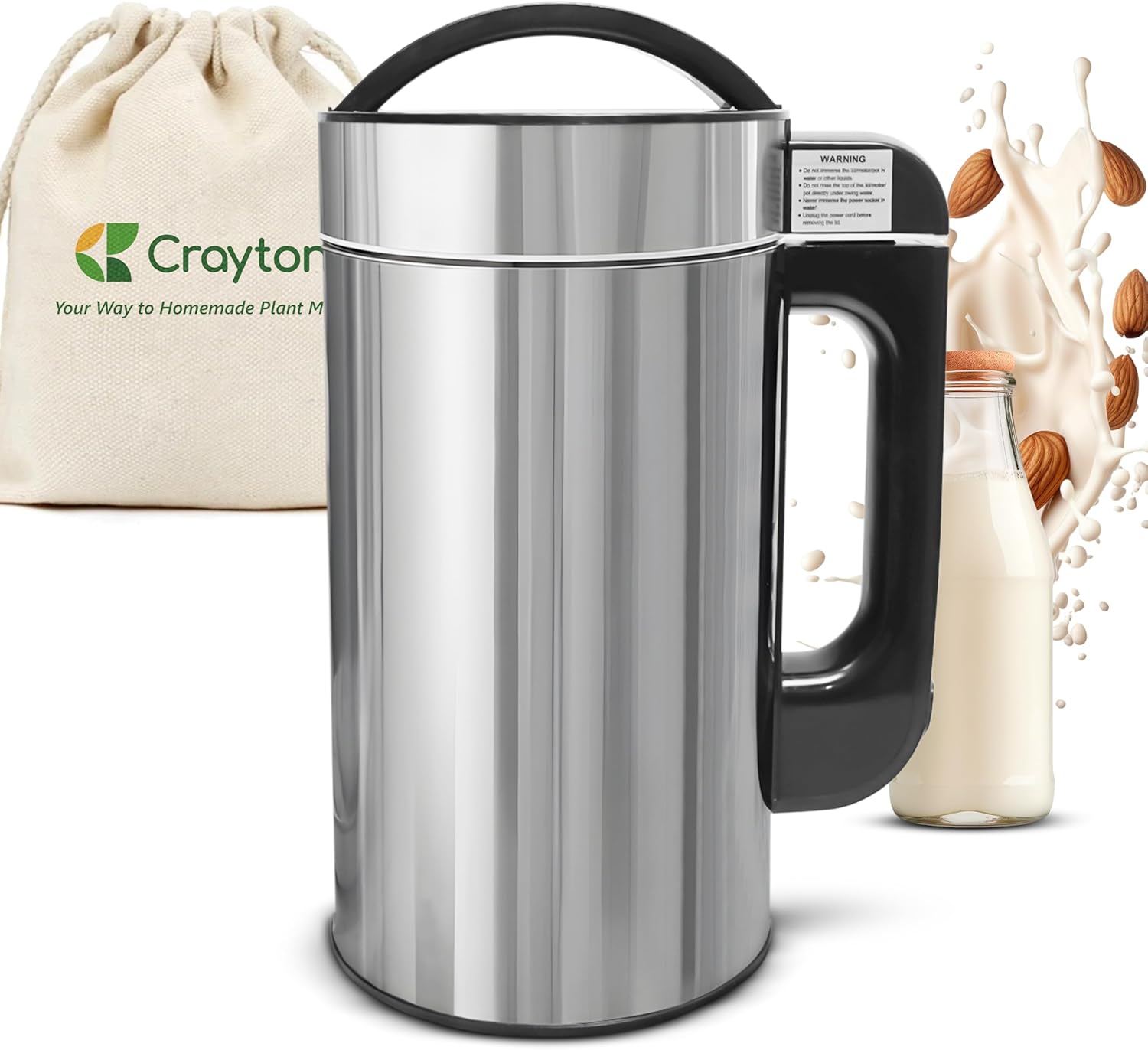 Crayton Nut Milk Maker Machine with Built-in Strainer, 51oz/ 1.5L Stainless Steel Almond Milk Maker for Soy, Almond, Oat, Cashew Nut Milks & More, 7-in-1 Multi-Functional, 6-7 Cups Per Batch, 120V