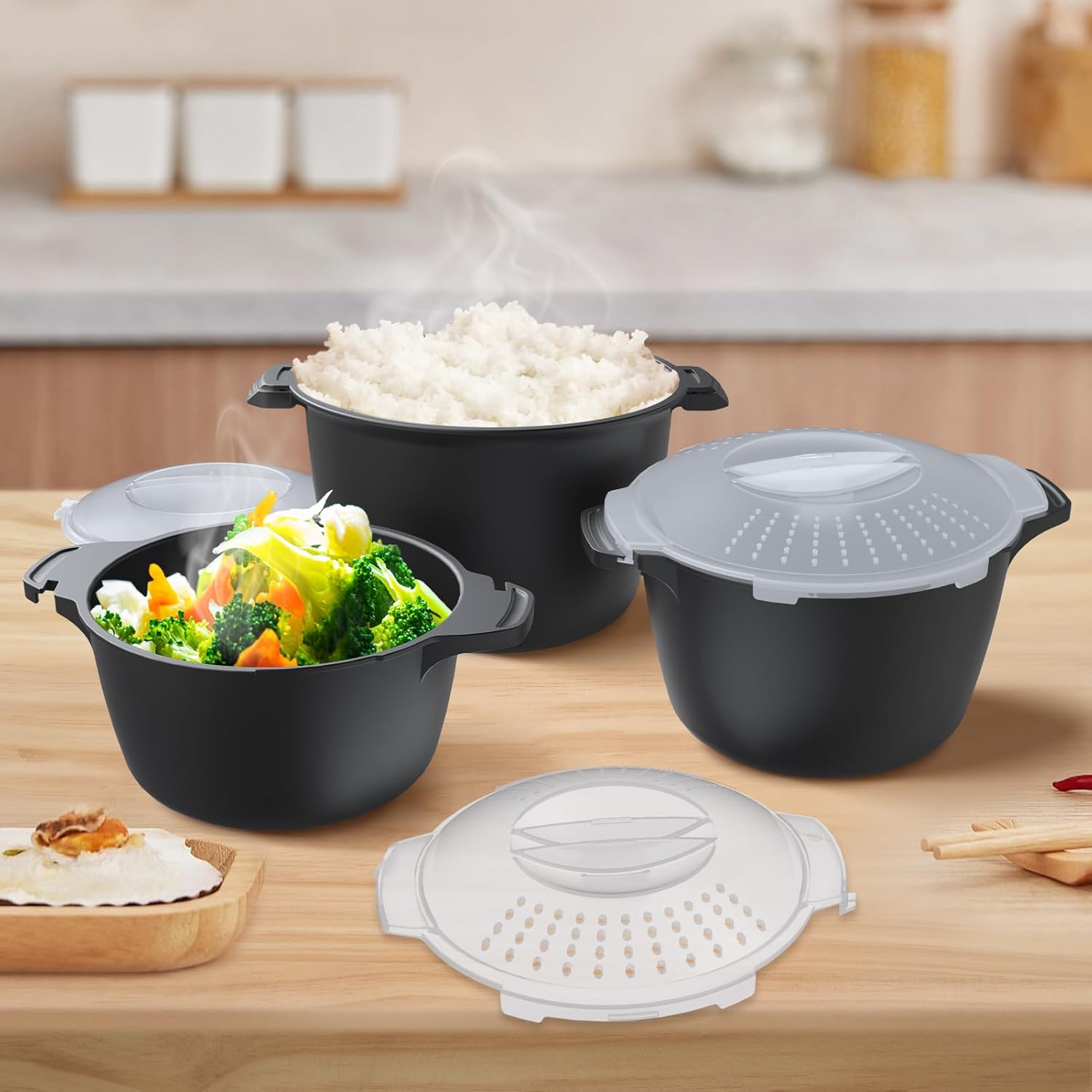 Professional 3 Piece Set Micro Cookware, Microwave Veggie Steamer, Microwave Rice Cooker as Steamer, Mix, Server and Storage Food Bowl BPA Free, Dishwasher Safe, Nestable Storage, Size-1QT, 2QT, 3QT