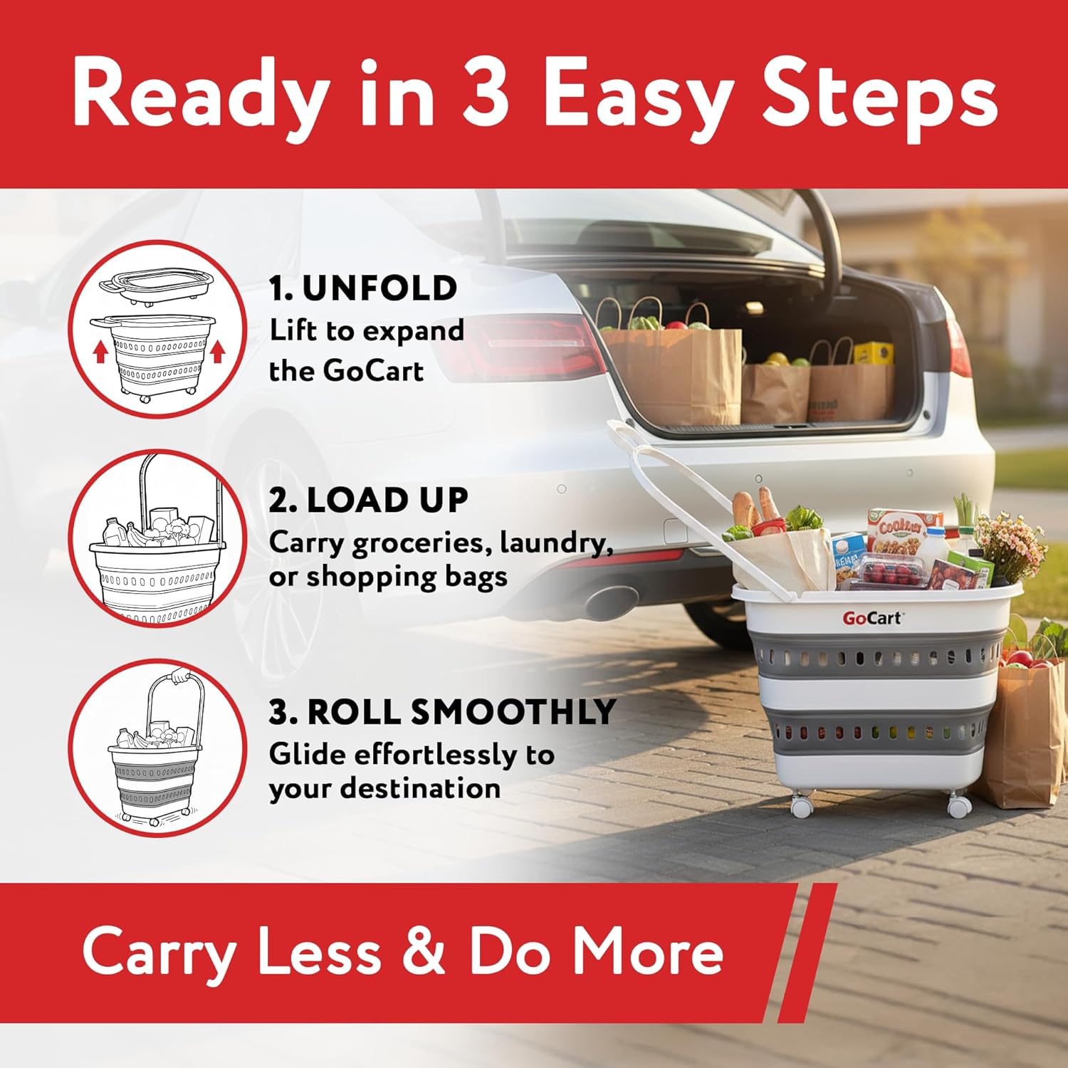 dbest Products Folding Gocart Laundry Basket with Wheels, Multi Use Collapsible Grocery Shopping Cart, White