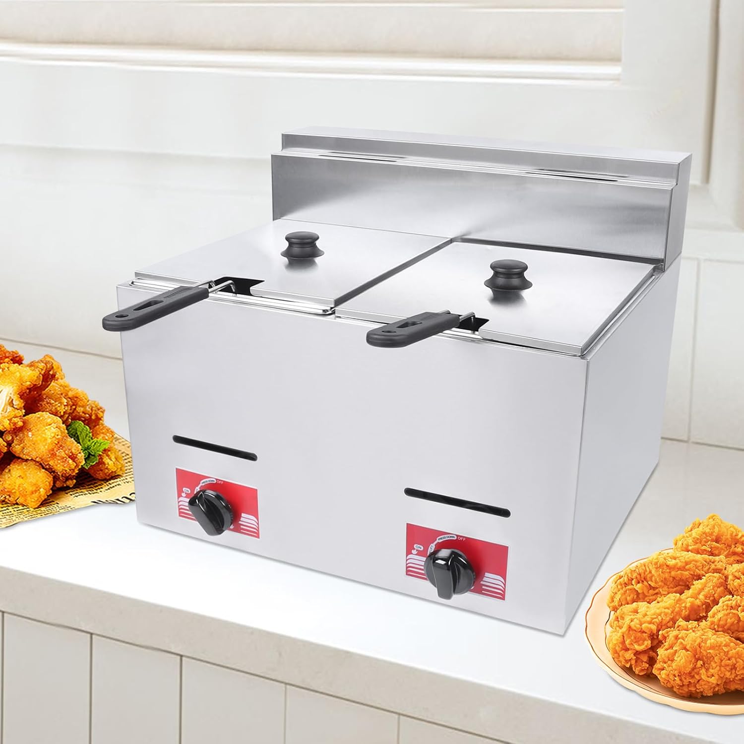 6L*2 Heavy Duty Deep Fryer,Commercial Gas Deep Fryer,Stainless Steel Countertop Deep Gas Fryer with Dual Baskets/Lid for Home Restaurants