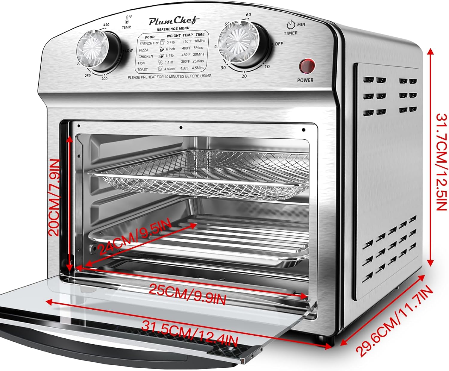 PlumChef 13 Quart 4 Slices Air Fryer Convection Toaster Oven, 1500W, Multifunction Oven with Reference Menus on Panel, Time and Temperature Controls,Stainless Steel