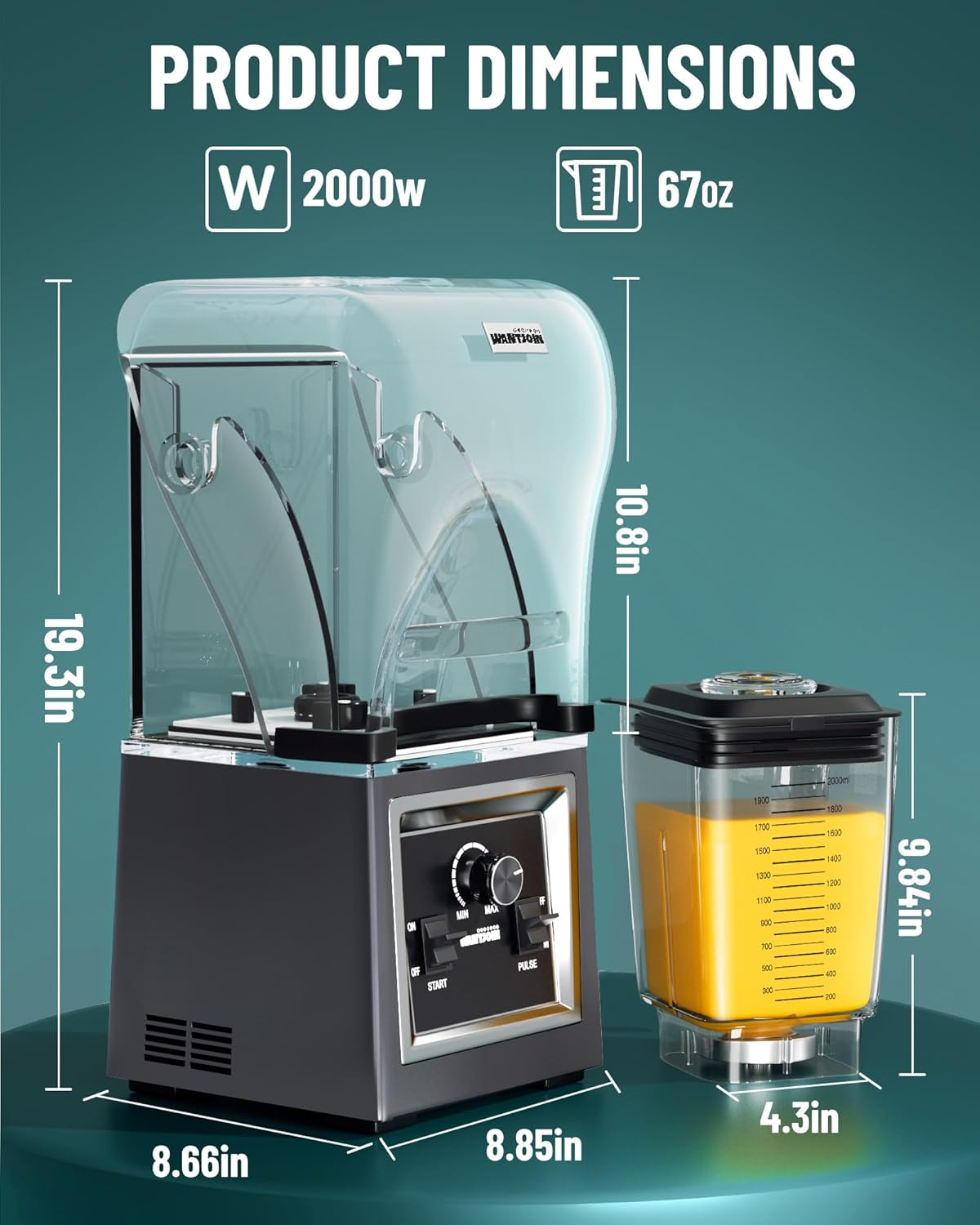 WantJoin Commercial Blenders - Soundproof & Quiet Professional Grade Blender, 2000W High-Power with Removable Shield, 67oz Large Capacity for Smoothies, Shakes, Frozen Drinks & Kitchen Use (Gray)