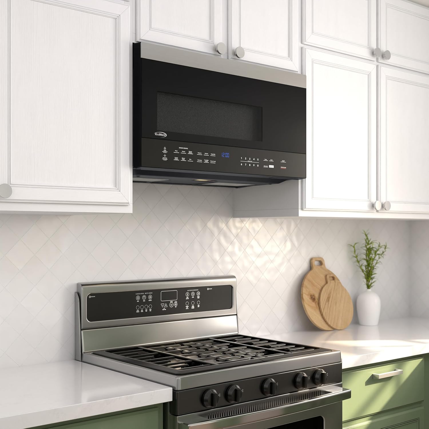 KoolMore 30-inch 1.6 cu. ft. Over the Range Microwave Oven with Sensor Cooking, 1,000 Watts and 300 CFM in Stainless-Steel and Black, UL Listed