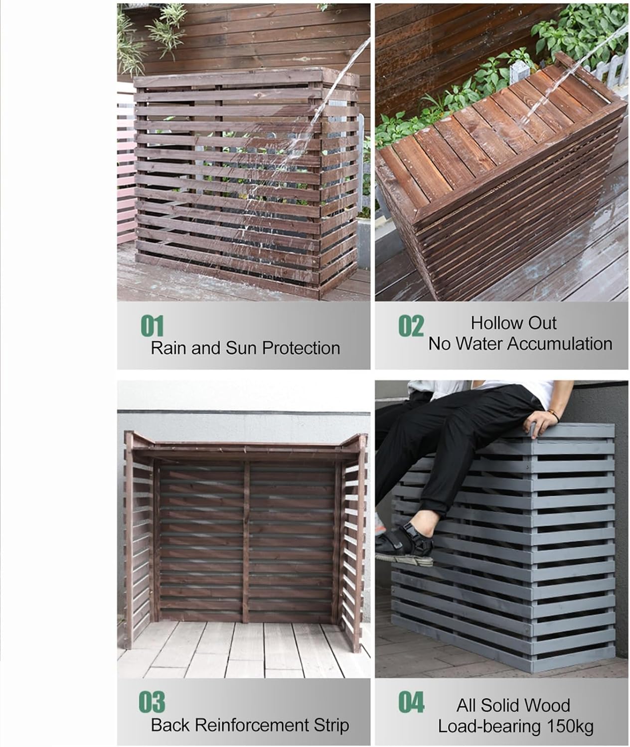 Air Conditioner Fence Screen Outdoor, Wooden Split AC Cover for Outside Units, Shelf Plant Stand for Outdoor, Garden (Color : Black, Size : 105x95x45cm)