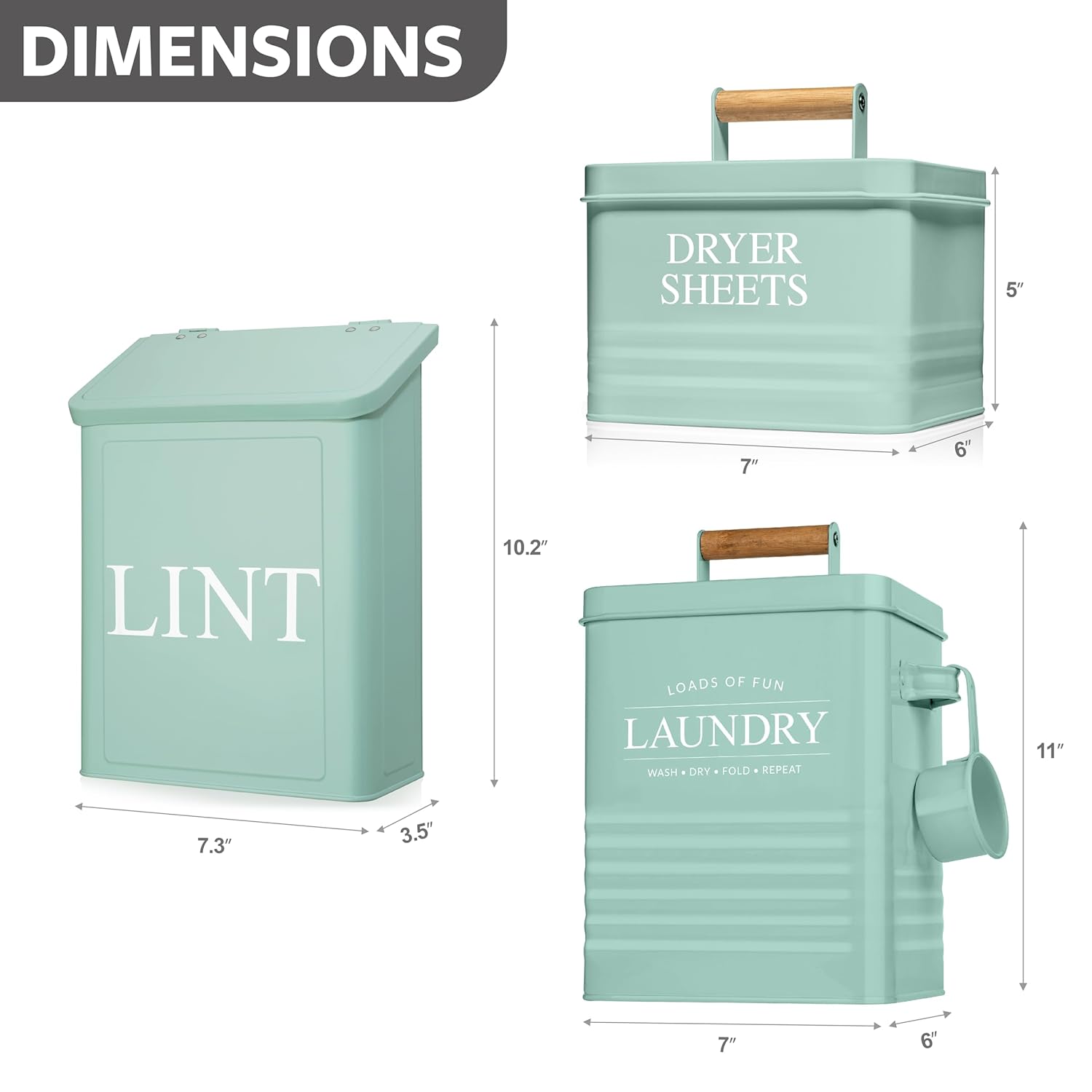 Calindiana Modern Farmhouse Lint Bin, Dryer Sheets Holder and Laundry Powder Pods Container Bundle for Laundry Room Organization and Storage, Laundry Room Decor, Mint