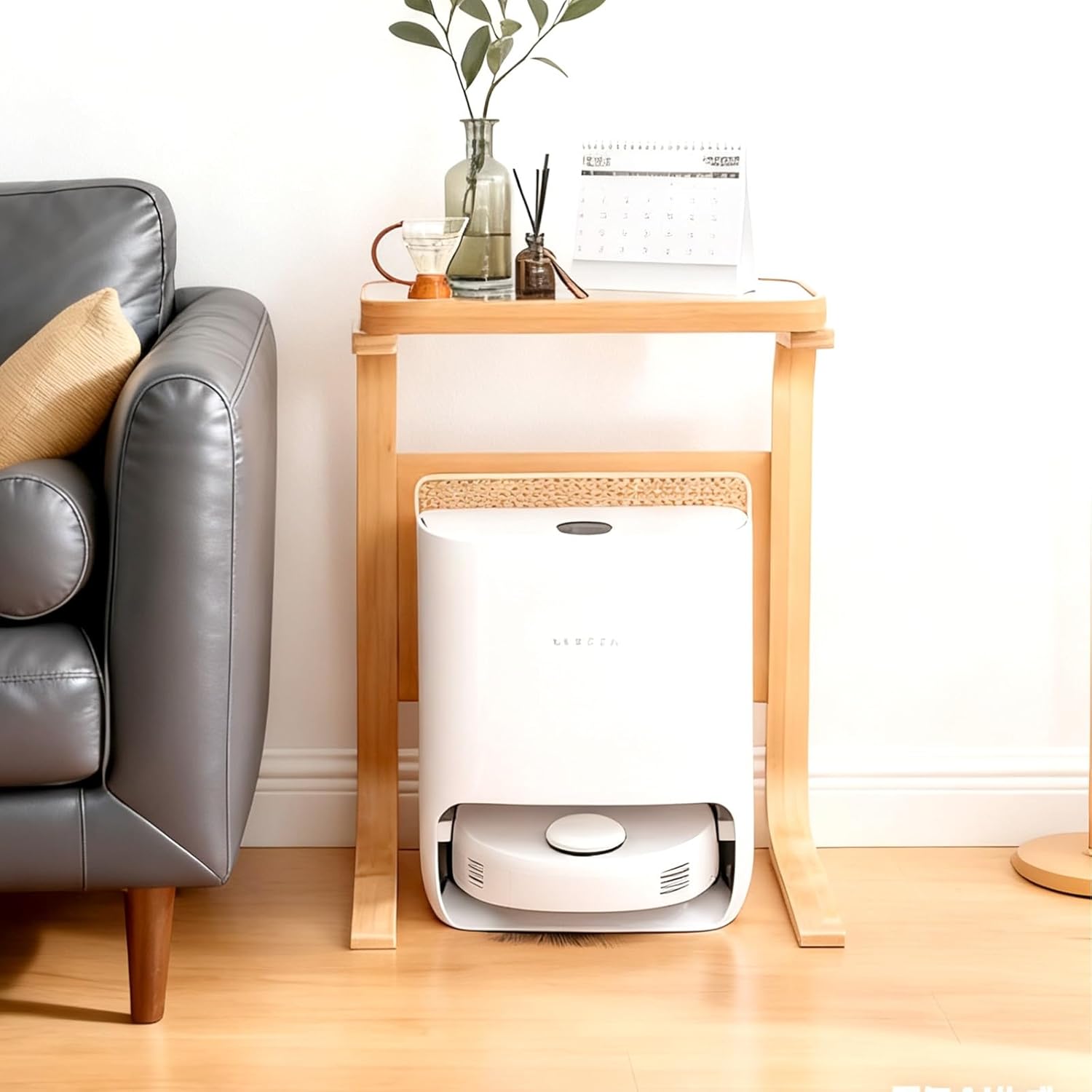 Robot Vacuum Storage Rack Resin Rattan Storage Cabinet C-Shaped End Tables Bamboo Robot Vacuum Stand Cabinet for Living Room, Bedroom, Kitchen, Office, Home, Balcony, Apartment Garage