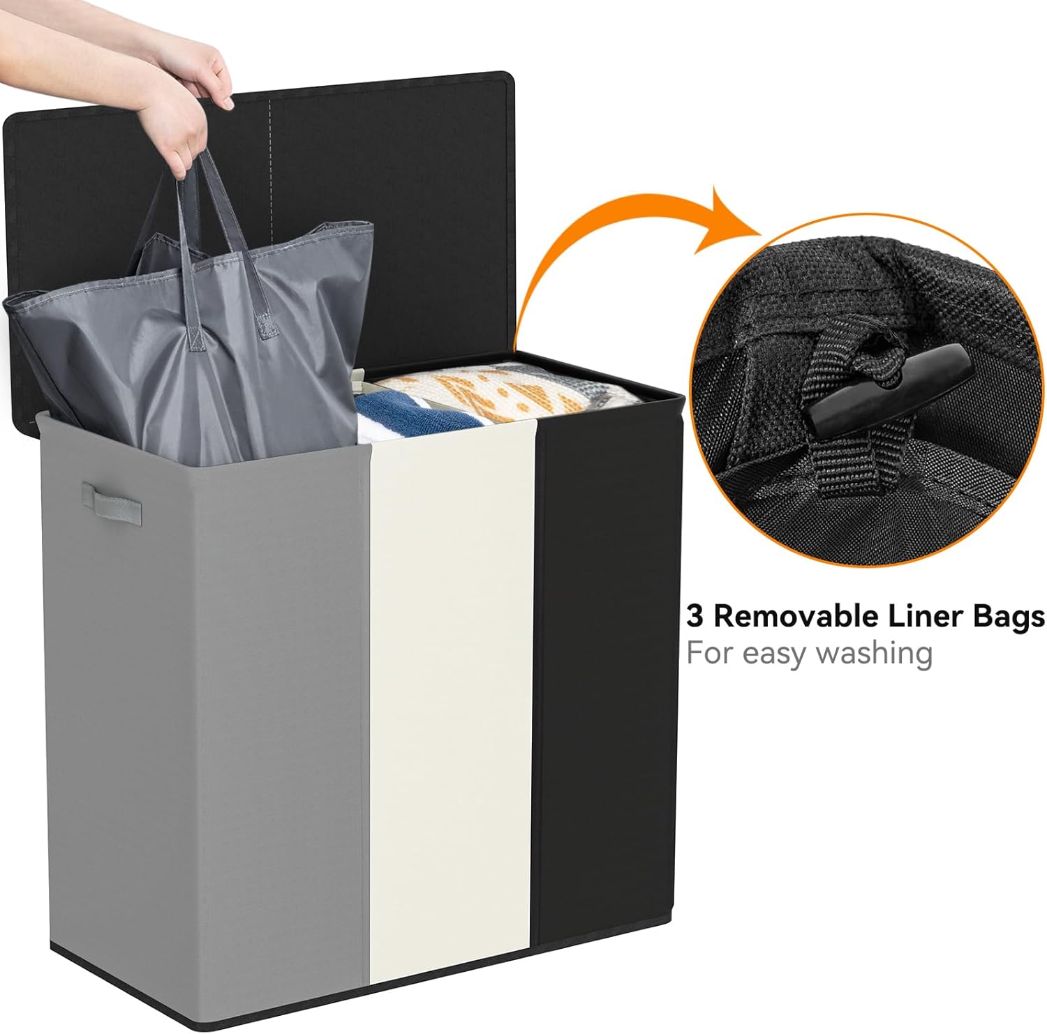 WOWLIVE 180L Laundry Hamper with Lid 3 Section,Large Laundry Basket with Removable Bags and Handles,Collapsible Dirty Clothes Hampers for Laundry,Laundry Basket Organizer for Laundry Room,Dorm