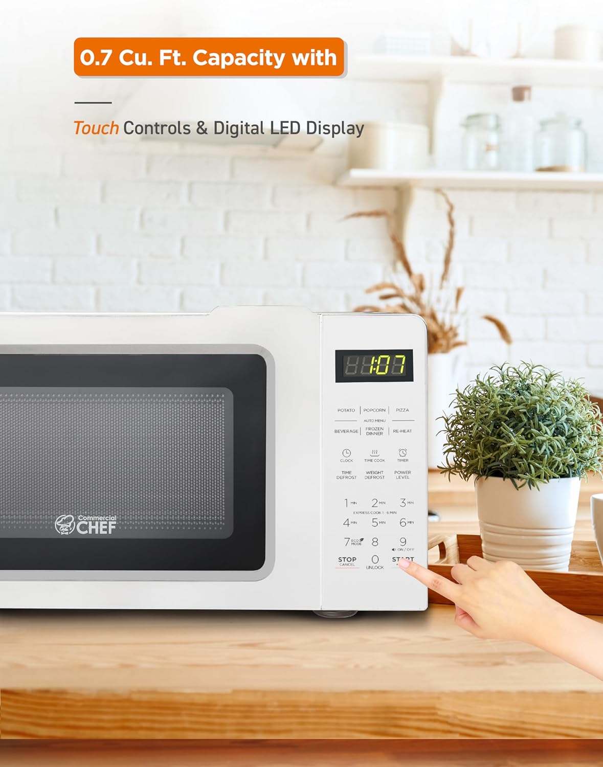 COMMERCIAL CHEF 0.7 Cubic Foot Microwave with 10 Power Levels, Small Microwave with Pull Handle, 700W Countertop up to 99 Minute Timer and Digital Display, White