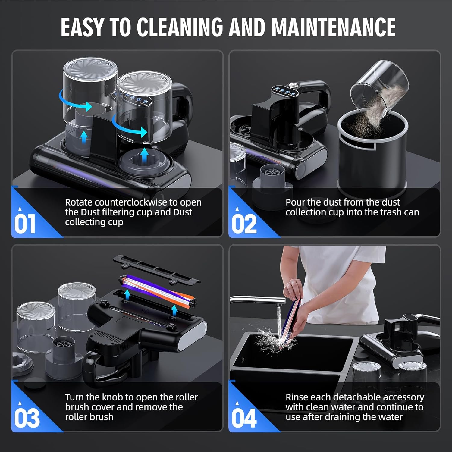 Mattress Vacuum Bed Vacuum Cleaner 16Kpa Suction 253.7nm UV-C Light, 140°F Heated Air, 30000 RPM Brushroll, Ultrasonic, HEPA Filter, Handheld Vacuums for Carpet/Sofa, 500W Corded, (Pitch-Black)