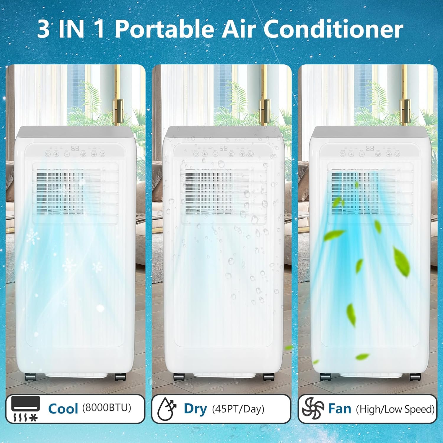 8,000 BTU Portable Air Conditioner – 3-in-1 Cooling, Fan & Dehumidifier for 350 Sq.Ft | Remote Control, Sleep Mode, 24H Timer & Window Kit Included
