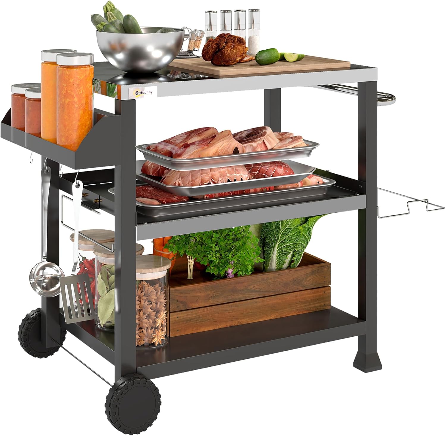 Outsunny Three-Shelf Outdoor Grill Cart with Stainless Steel Tabletop, Side Handle, 32