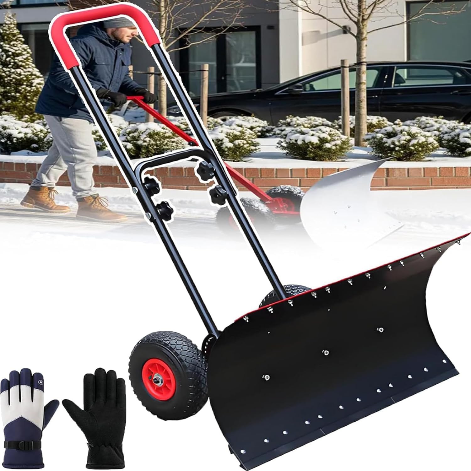 Snow Shovel Pusher for Driveway,Heavy Duty Steel Snow Shovel with Wheels,Angled Blade efficient Snow Removal